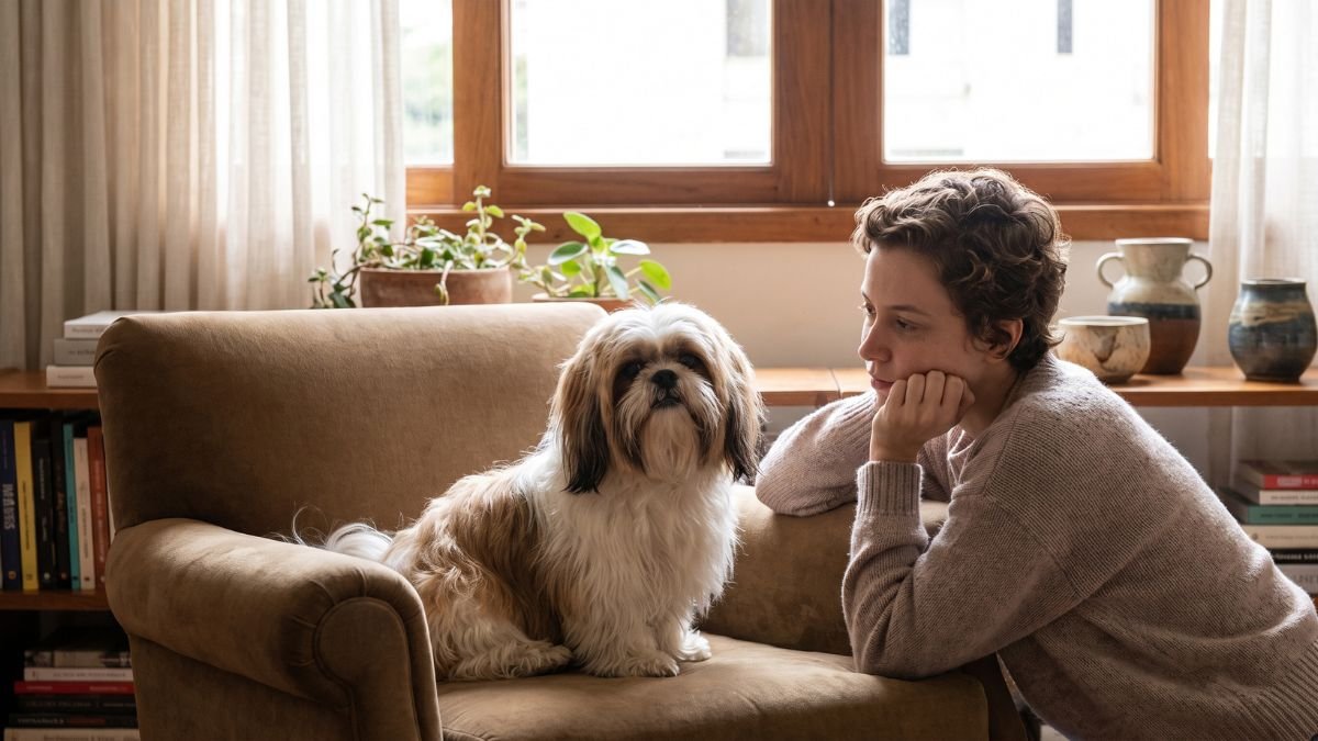 Shih Tzu Mini: Existe Mesmo? Entenda o Que Significa 1 Shih Tzu mini adulto saudável ao lado do tutor em ambiente doméstico