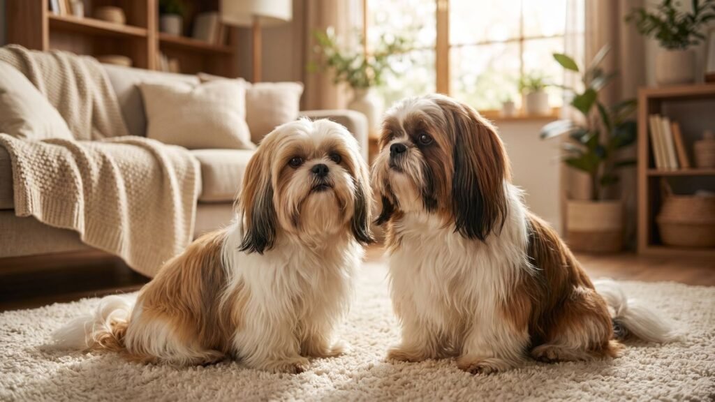 Shih Tzu Mini: Existe Mesmo? Entenda o Que Significa 2 Shih Tzu pequeno ao lado de outro Shih Tzu adulto mostrando variação natural de tamanho