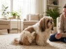 Shih Tzu se coçando muito enquanto o tutor observa atentamente