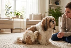 Shih Tzu se coçando muito enquanto o tutor observa atentamente