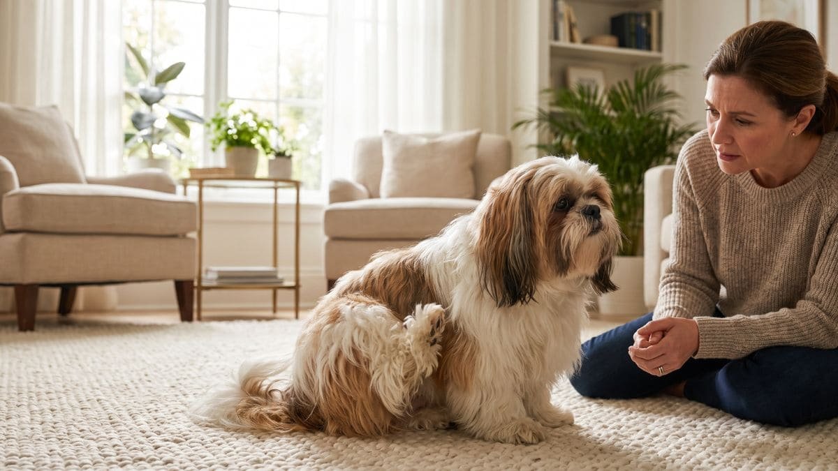 Shih Tzu Se Coçando Muito: O Que Pode Ser e O Que Fazer 1 Shih Tzu se coçando muito enquanto o tutor observa atentamente