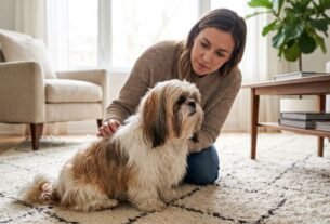 Shih Tzu tremendo enquanto é observado pelo tutor em casa