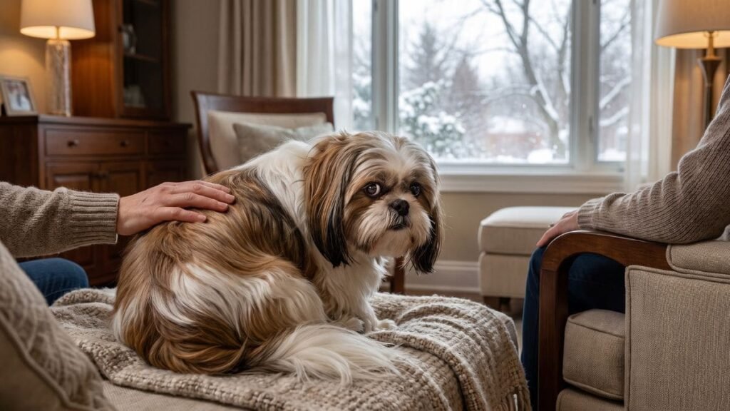 Shih Tzu tremendo próximo ao tutor em uma situação de frio ou insegurança