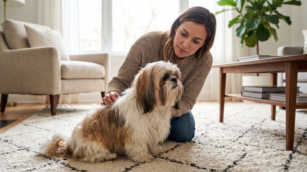 Shih Tzu tremendo enquanto é observado pelo tutor em casa