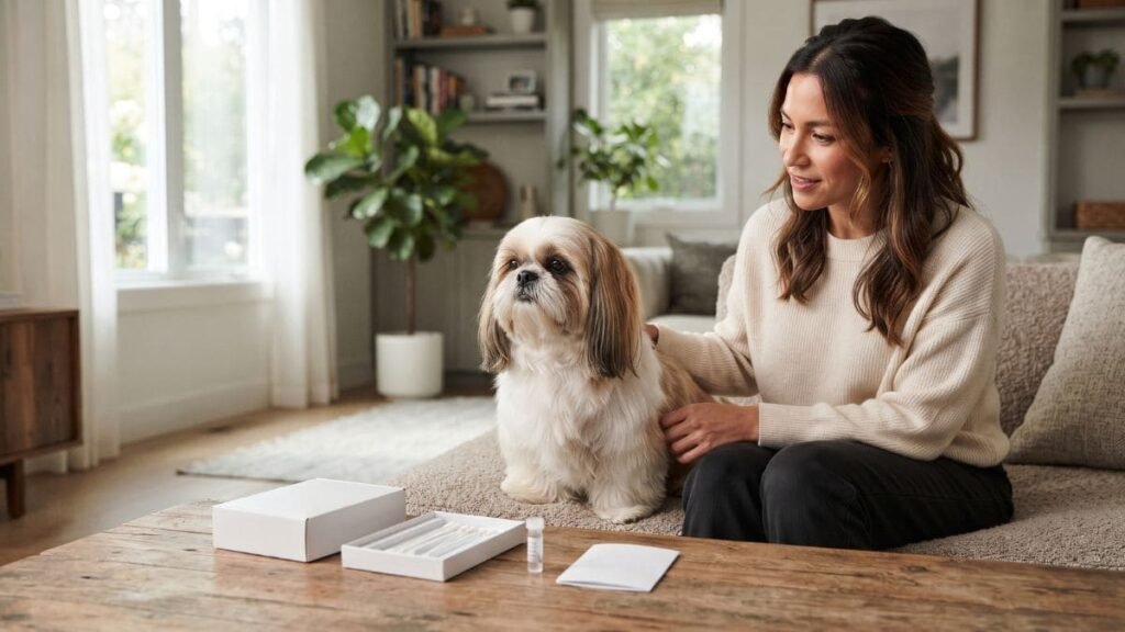 Shih Tzu Falso: Como Saber se o Cão é Puro? 4 Shih Tzu ao lado de materiais para teste genético