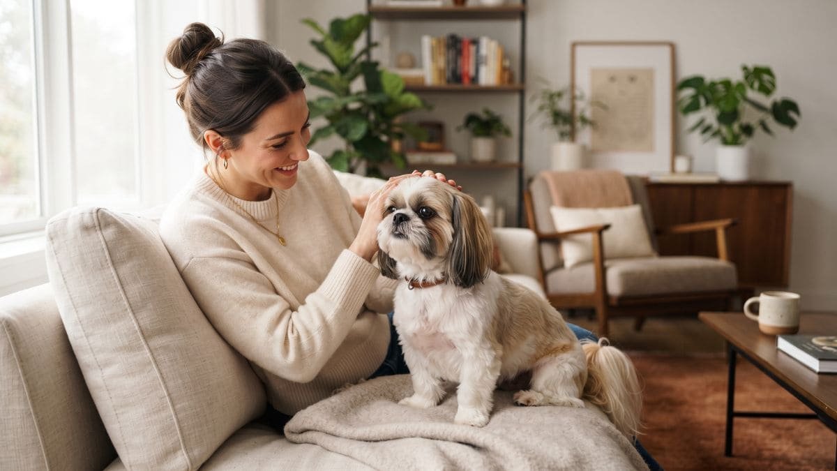 Tudo sobre Shih Tzu em fotografia de um cão adulto saudável ao lado do tutor