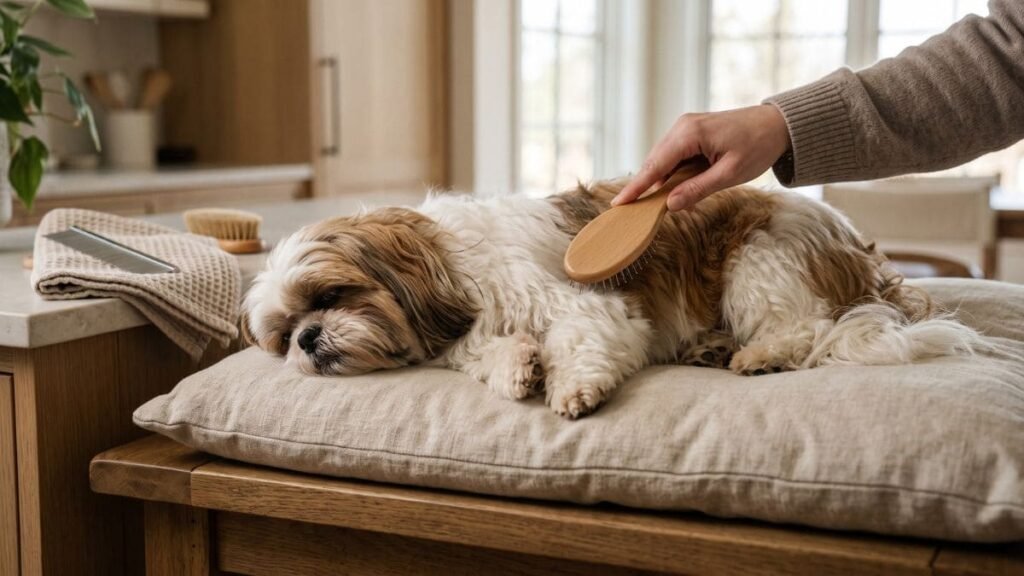 Shih Tzu recebendo escovação cuidadosa para remover pelos mortos