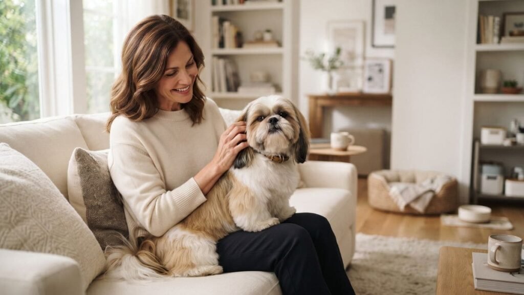 Tipos de Shih Tzu: Americano, Europeu e Imperial 5 Tutor cuidando de um Shih Tzu saudável em ambiente residencial