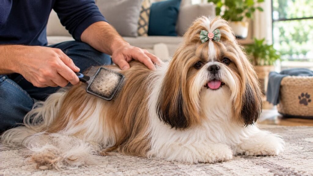 Tutor escovando Shih Tzu para remover pelos mortos da pelagem