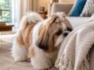 Shih Tzu explorando pelo olfato uma manta dentro de casa