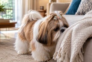 Shih Tzu explorando pelo olfato uma manta dentro de casa
