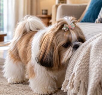 Shih Tzu explorando pelo olfato uma manta dentro de casa