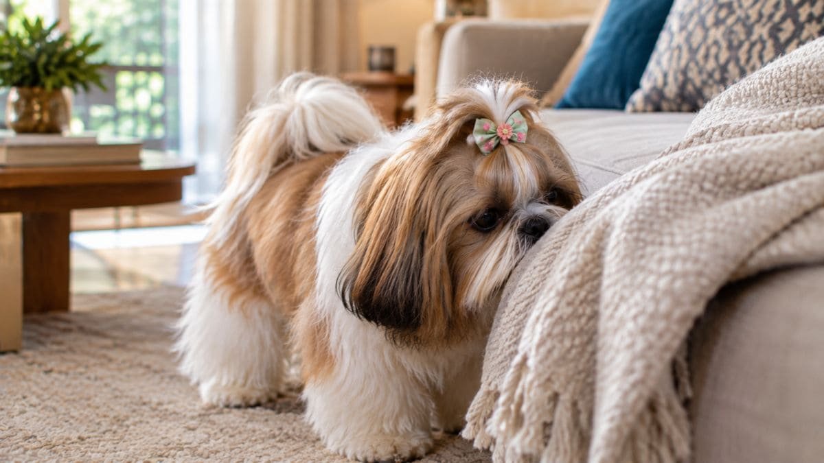 Shih Tzu explorando pelo olfato uma manta dentro de casa