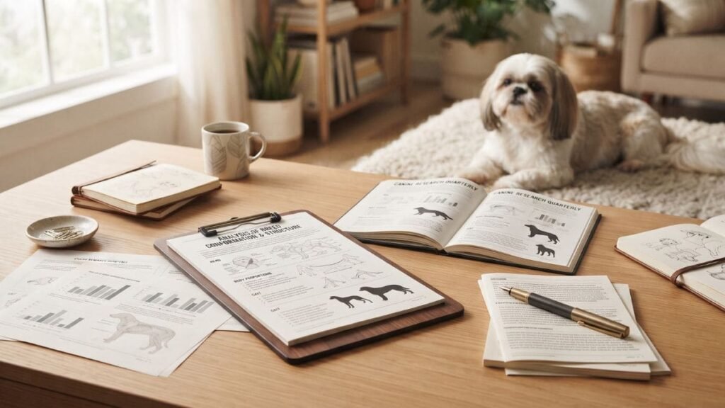 Tipos de Shih Tzu: Americano, Europeu e Imperial 3 Documentos sobre padrões oficiais da raça Shih Tzu com um cão ao fundo