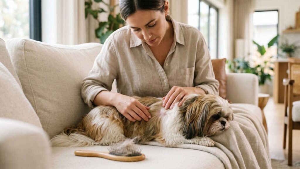 Tutor observando a pelagem e a pele de um Shih Tzu durante a escovação