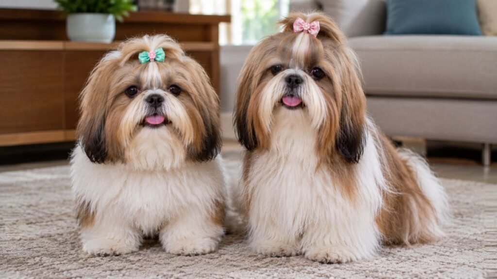 Tipos de Shih Tzu: Americano, Europeu e Imperial 2 Dois Shih Tzu adultos lado a lado para comparação entre padrões Americano e Europeu