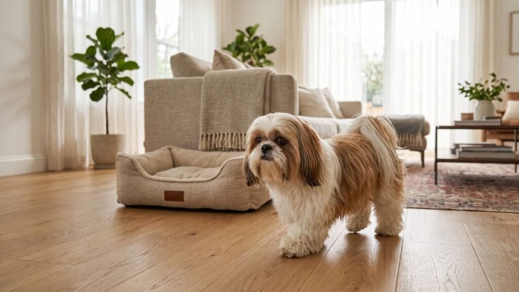 Shih Tzu saudável caminhando em casa com poucos pelos visíveis no ambiente
