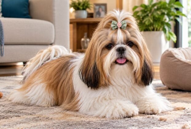 Shih Tzu solta muito pelo? Cão adulto de pelagem longa em ambiente residencial