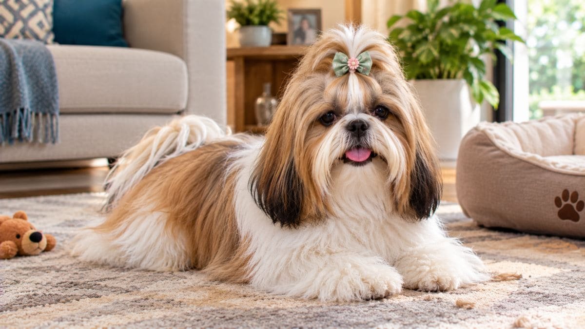 Shih Tzu adulto com pelagem longa e saudável em ambiente residencial