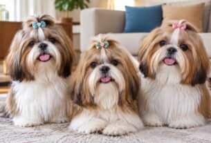 Três Shih Tzu adultos representando diferentes tipos de Shih Tzu e nomenclaturas da raça