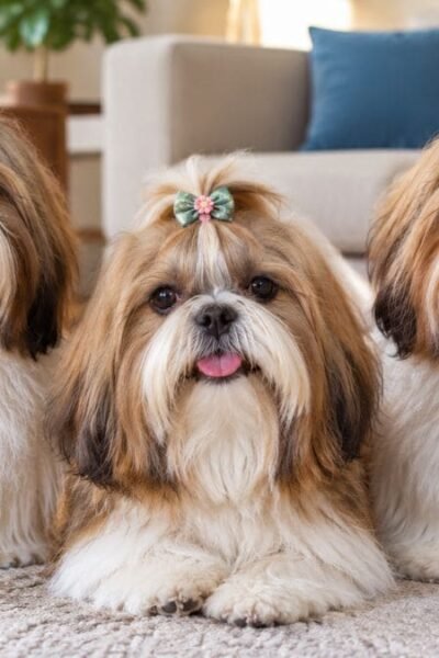 Três Shih Tzu adultos representando diferentes tipos de Shih Tzu e nomenclaturas da raça