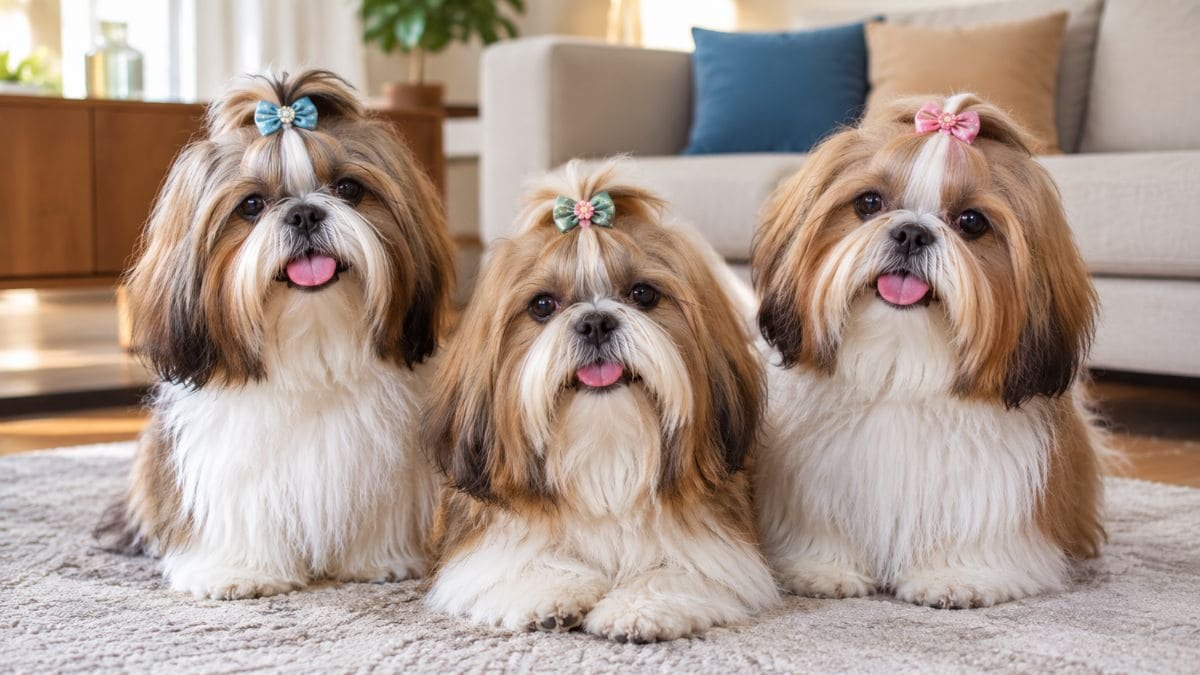 Três Shih Tzu adultos representando diferentes tipos de Shih Tzu e nomenclaturas da raça